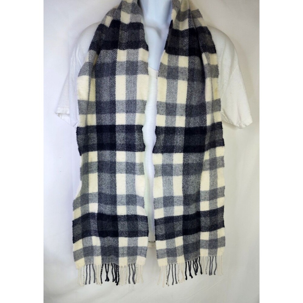 John Hanly Irish Lambs wool Scarf Black White Plaid Long w Fringe 74"x10"